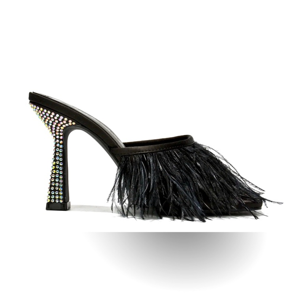 Rhinestone covered heel, leather trim ,high heel, open toe.
